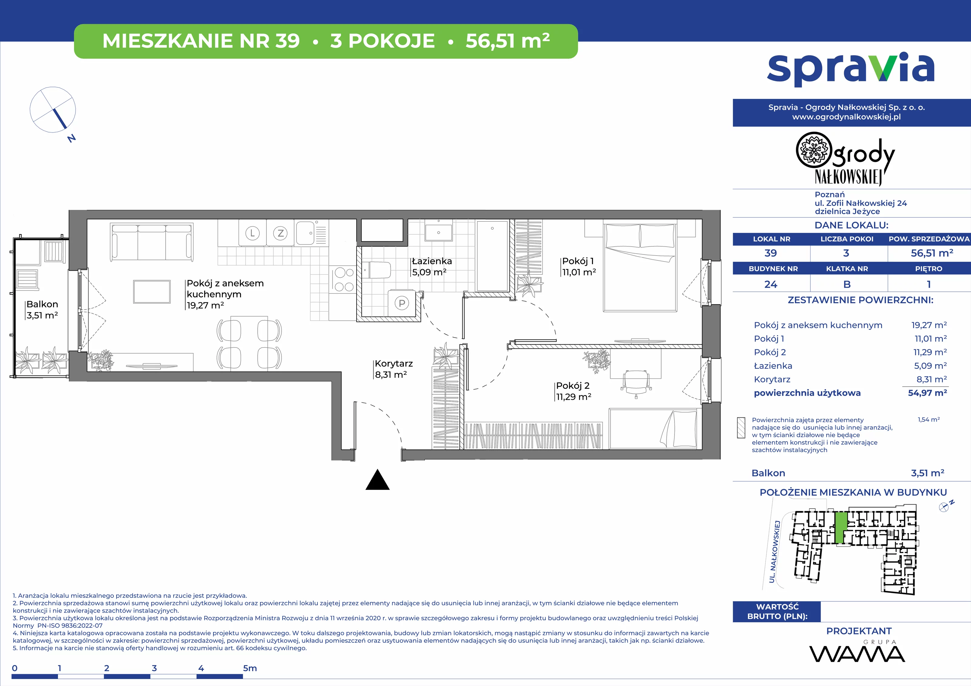 3 pokoje, mieszkanie 56,51 m², piętro 1, oferta nr 24-39, Ogrody Nałkowskiej, Poznań, Ogrody, ul. Nałkowskiej 24, 26